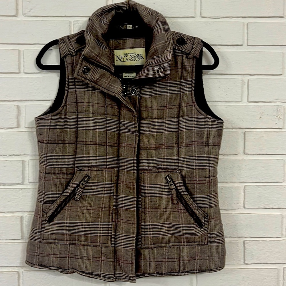 NEW York Classics Shades of Brown Plaid Full Zip Vest Size M #416
